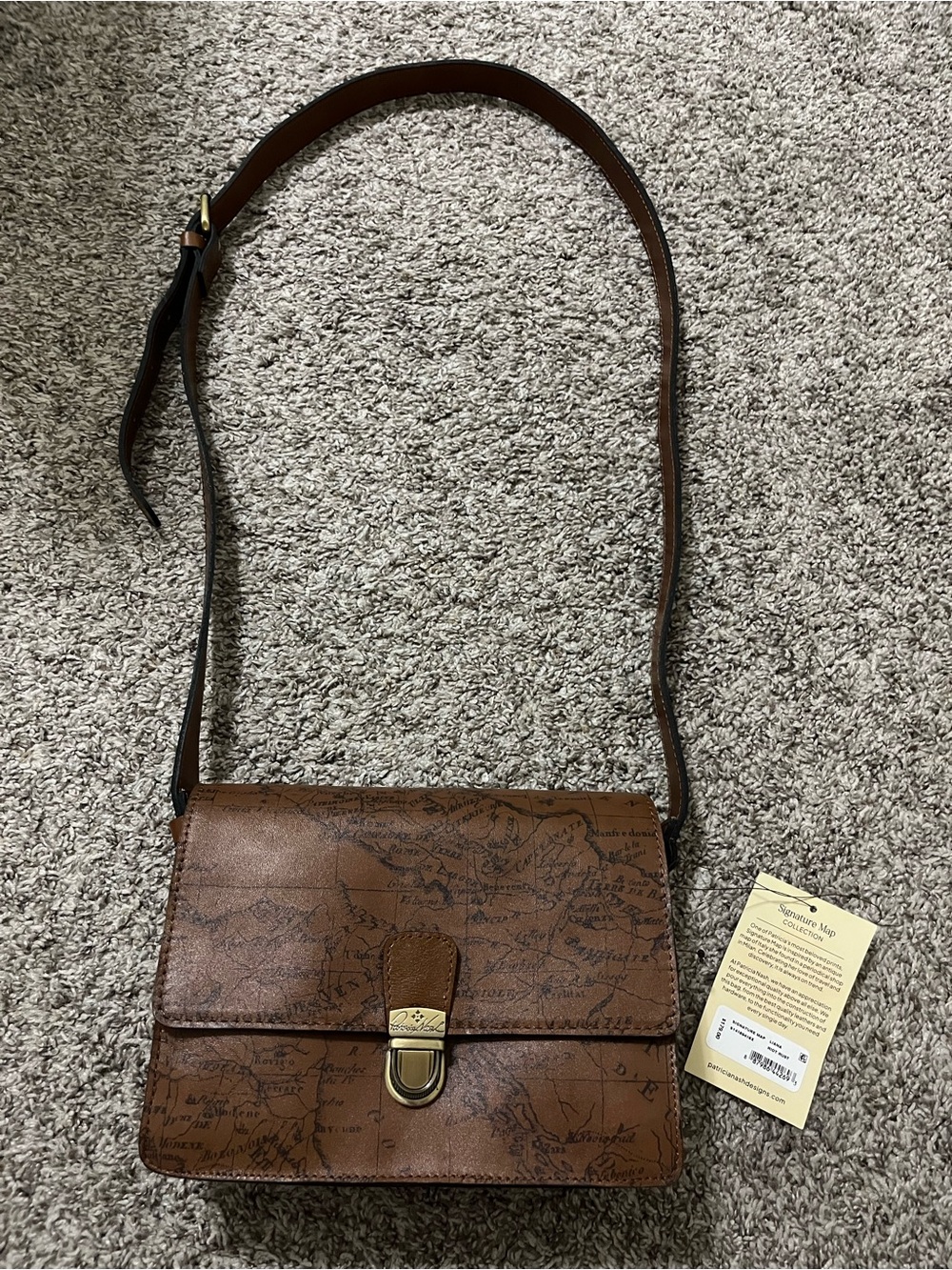 Patricia Nash Brown Map-Print Leather Messenger Crossbody